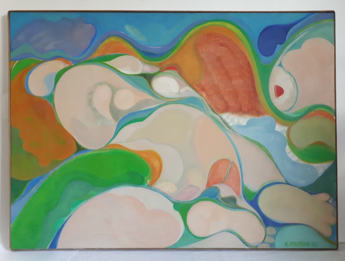 Karin Grotkop Large Oil On Canvas Female Nude Abstract 1973