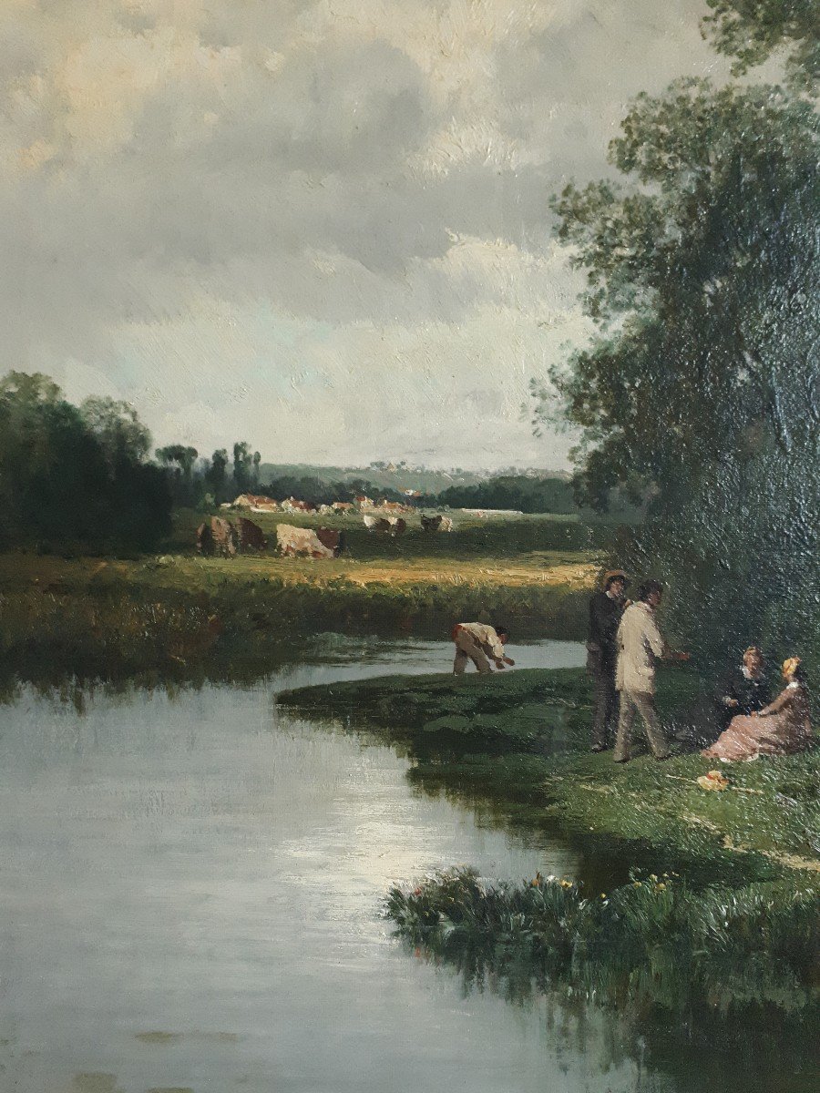 Nicolas ROUSSEAU huile sur toile paysage bord de rivière animé 19ème Ecole de Barbizon-photo-3