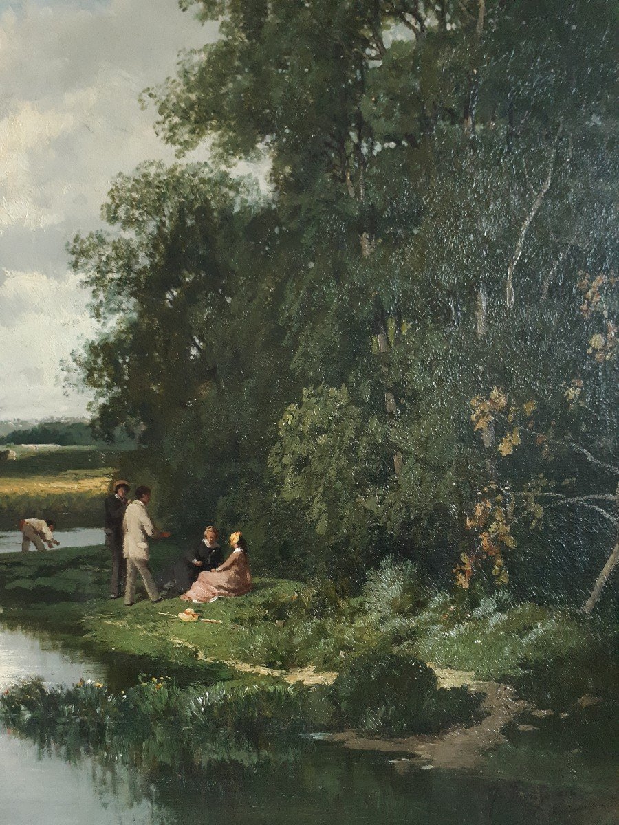 Nicolas ROUSSEAU huile sur toile paysage bord de rivière animé 19ème Ecole de Barbizon-photo-4