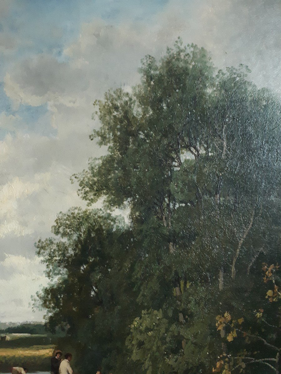 Nicolas ROUSSEAU huile sur toile paysage bord de rivière animé 19ème Ecole de Barbizon-photo-2