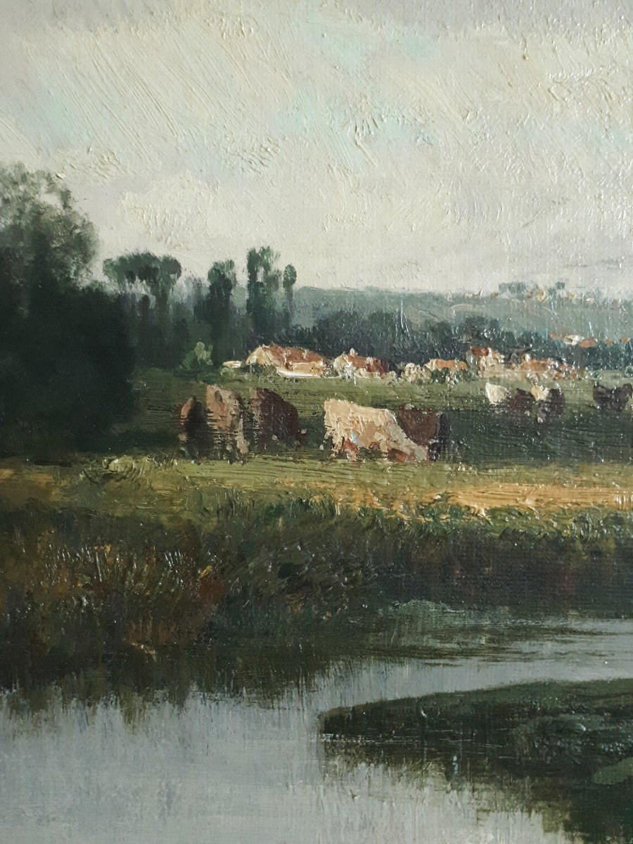 Nicolas ROUSSEAU huile sur toile paysage bord de rivière animé 19ème Ecole de Barbizon-photo-3