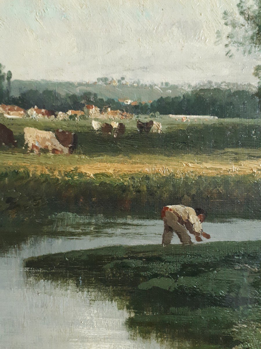 Nicolas ROUSSEAU huile sur toile paysage bord de rivière animé 19ème Ecole de Barbizon-photo-4