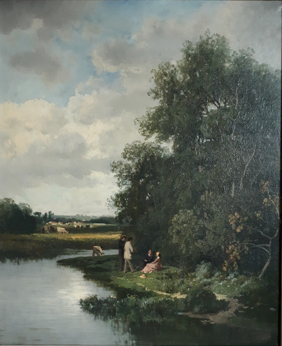 Nicolas ROUSSEAU huile sur toile paysage bord de rivière animé 19ème Ecole de Barbizon
