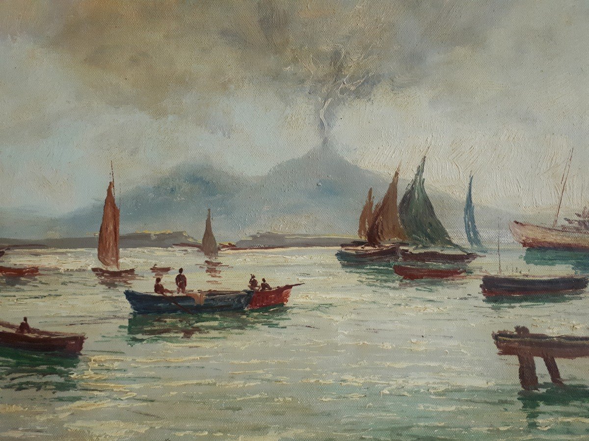 Painting Oil On Canvas View Of Vesuvius Bay Of Naples-photo-3