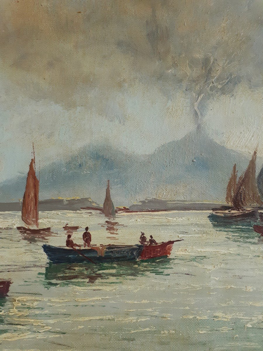 Painting Oil On Canvas View Of Vesuvius Bay Of Naples-photo-1