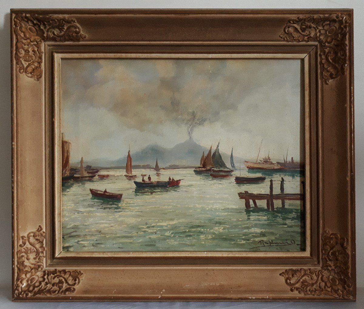 Painting Oil On Canvas View Of Vesuvius Bay Of Naples