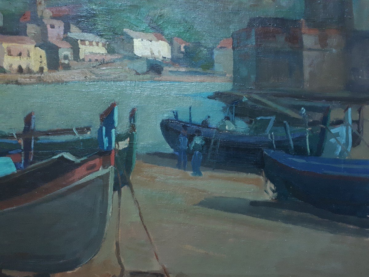 Gilbert Sailly (1916-1997) Port Of Collioure And Fort Saint-elme Oil On Canvas-photo-4