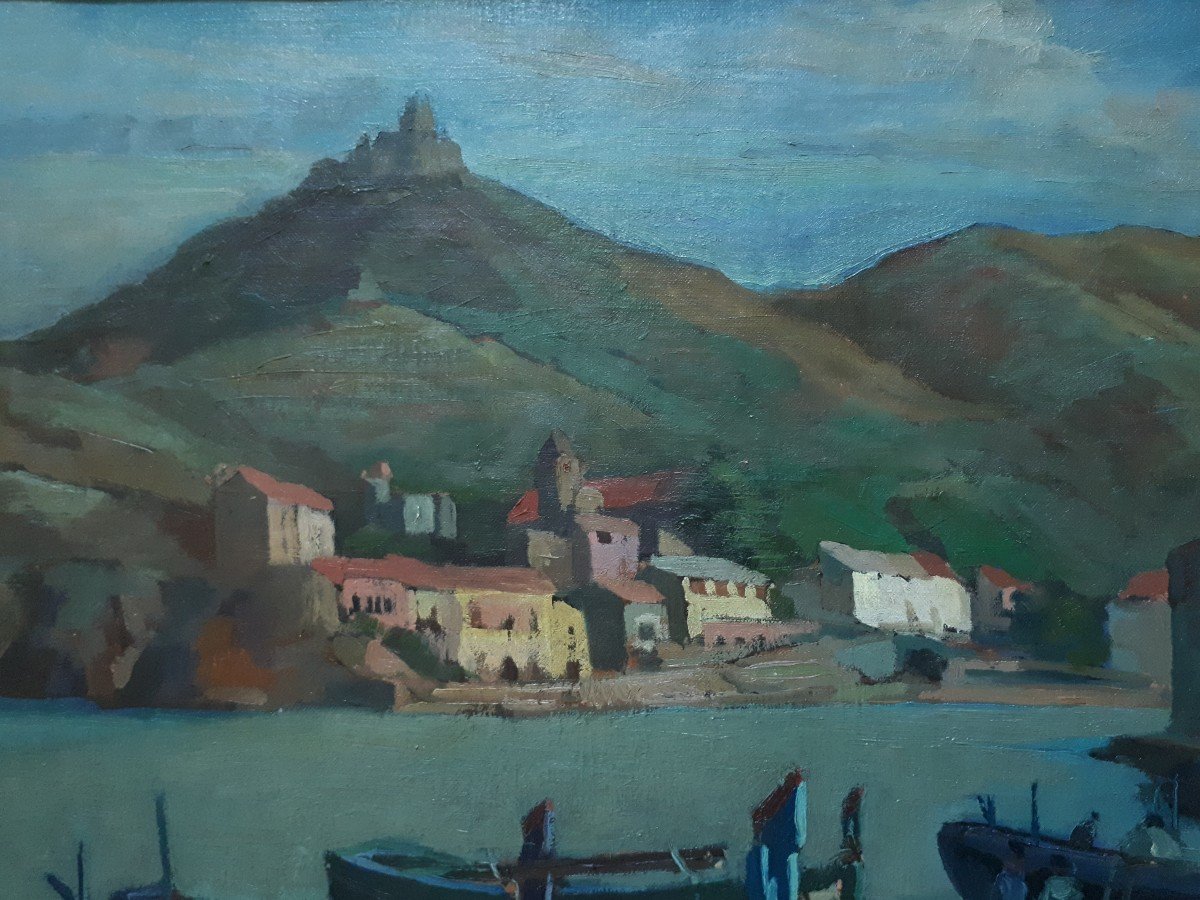 Gilbert Sailly (1916-1997) Port Of Collioure And Fort Saint-elme Oil On Canvas-photo-1