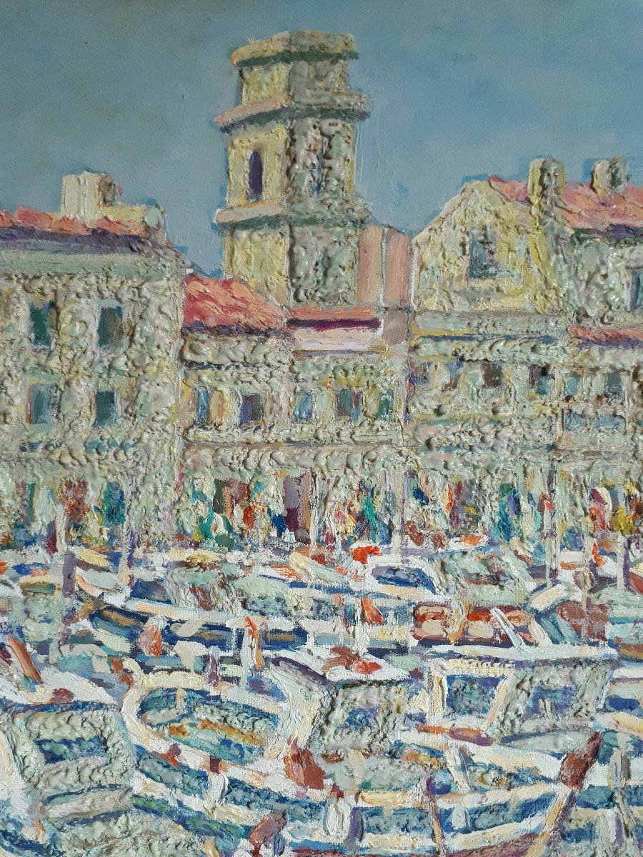 Mario PASSARELLI (né en 1930) port provençal méditerranéen huile sur toile-photo-2