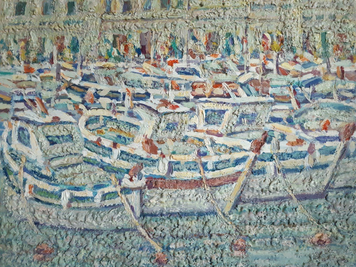 Mario PASSARELLI (né en 1930) port provençal méditerranéen huile sur toile-photo-3