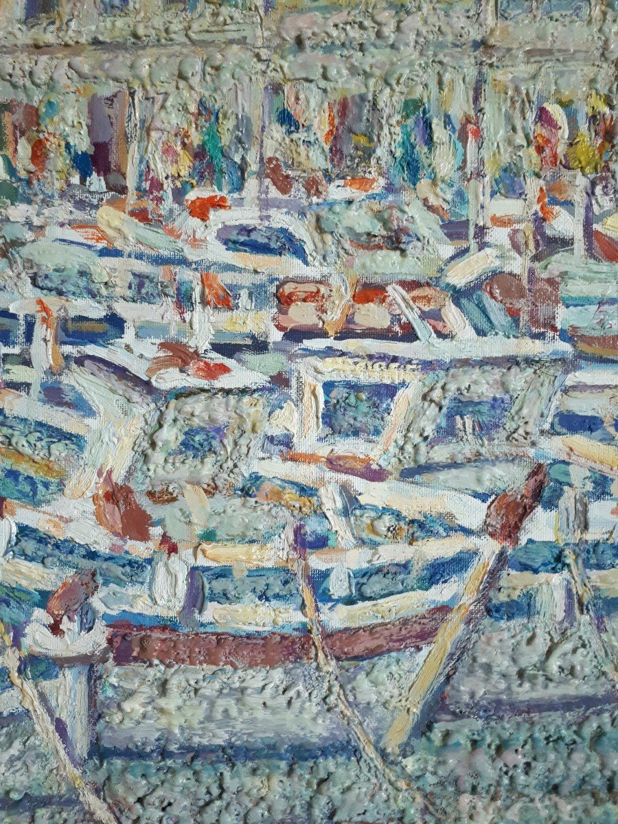 Mario PASSARELLI (né en 1930) port provençal méditerranéen huile sur toile-photo-1