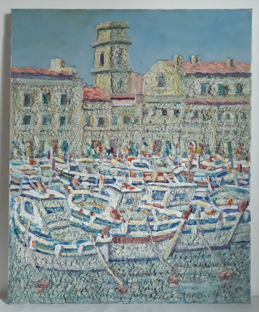 Mario PASSARELLI (né en 1930) port provençal méditerranéen huile sur toile