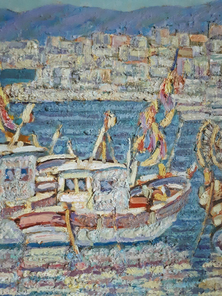 Mario PASSARELLI (né en 1930) port provençal méditerranéen huile sur toile-photo-4