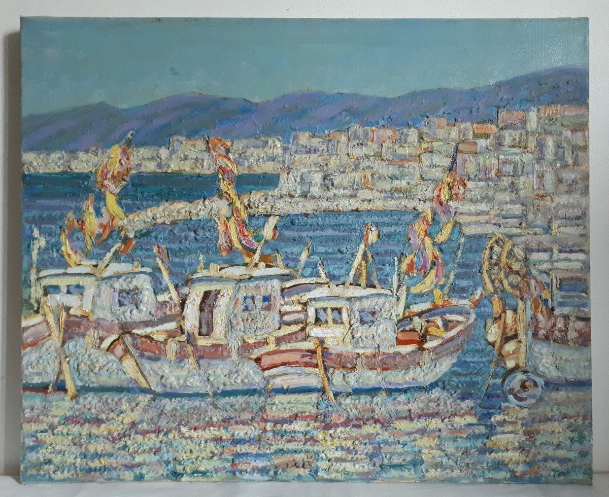 Mario PASSARELLI (né en 1930) port provençal méditerranéen huile sur toile
