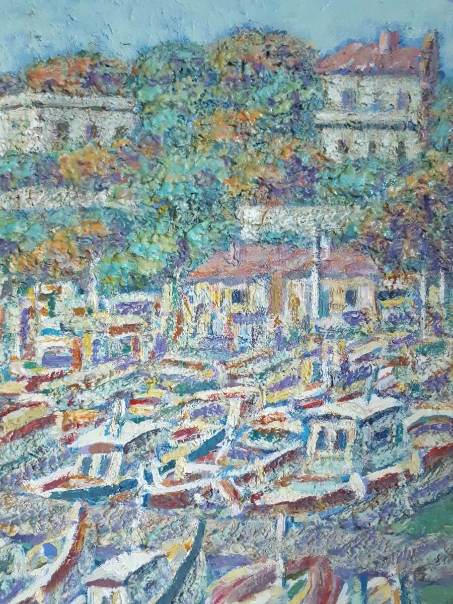 Mario PASSARELLI (né en 1930) Agay le port paysage provençal méditerranéen huile sur toile-photo-4