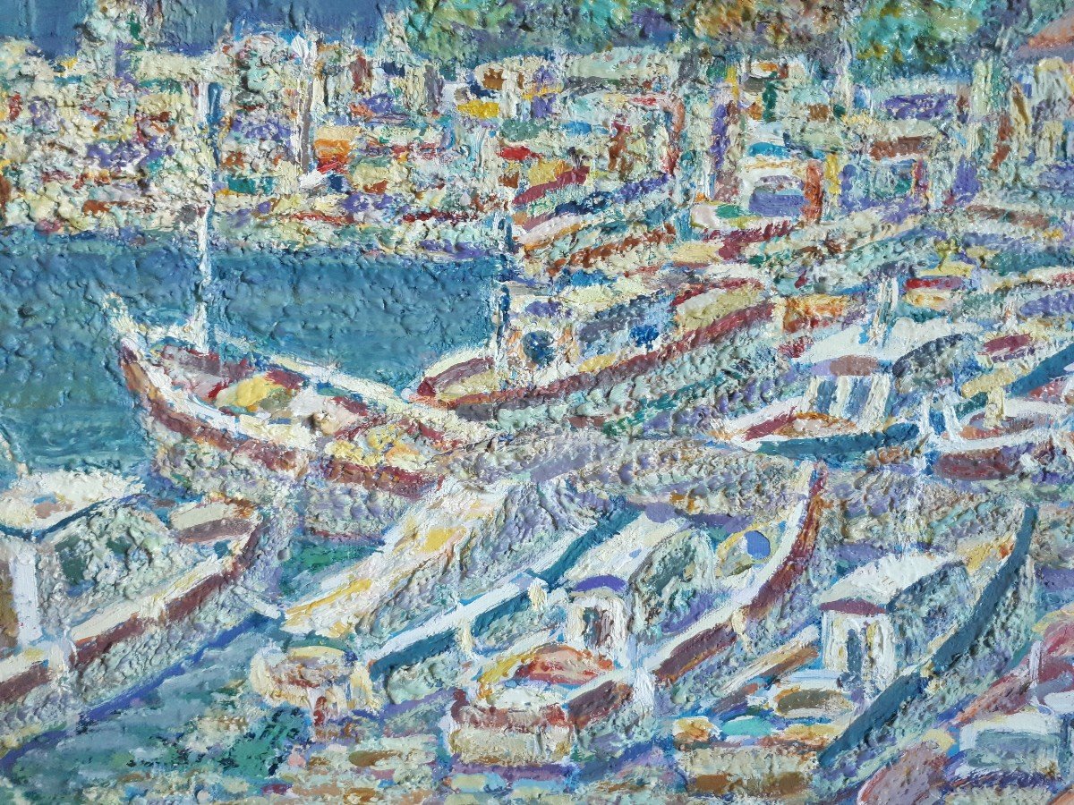 Mario PASSARELLI (né en 1930) Agay le port paysage provençal méditerranéen huile sur toile-photo-1