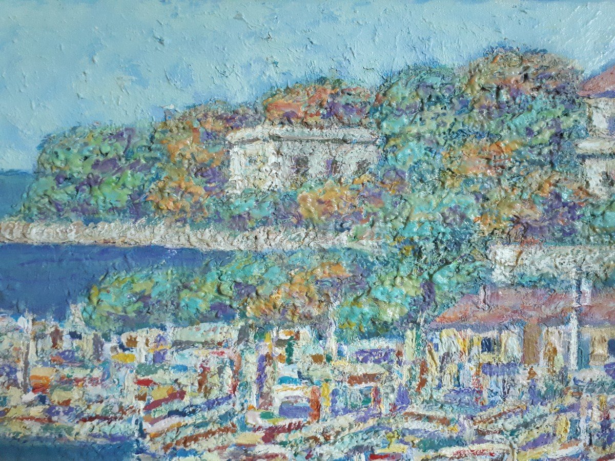 Mario Passarelli (born In 1930) Agay Le Port Mediterranean Provençal Landscape Oil On Canvas-photo-2
