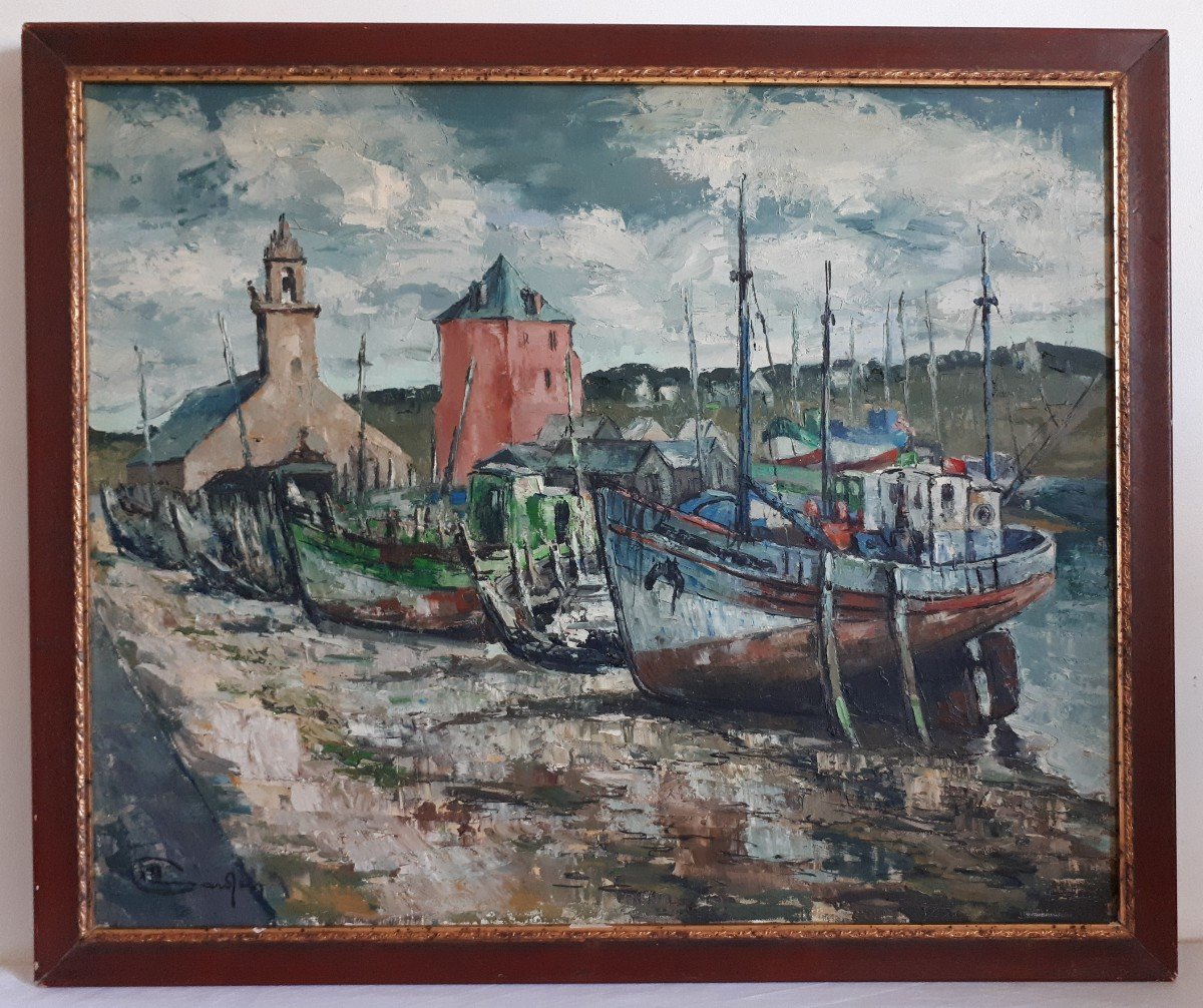 Port Of Camaret Sur Mer Brittany Oil On Marine Canvas (signed)-photo-2