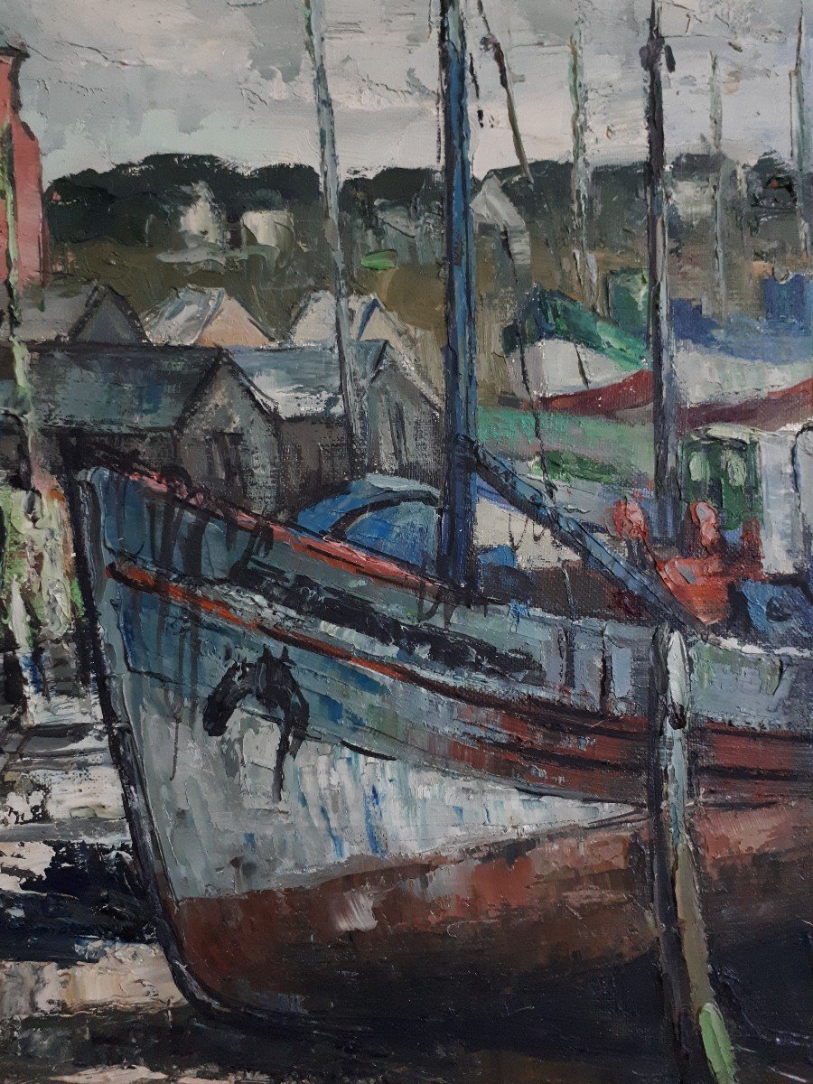 Port Of Camaret Sur Mer Brittany Oil On Marine Canvas (signed)-photo-3