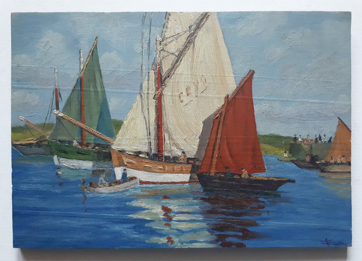 Paire de tableaux huiles sur bois marines retours de pêche Bretagne (signés)-photo-2
