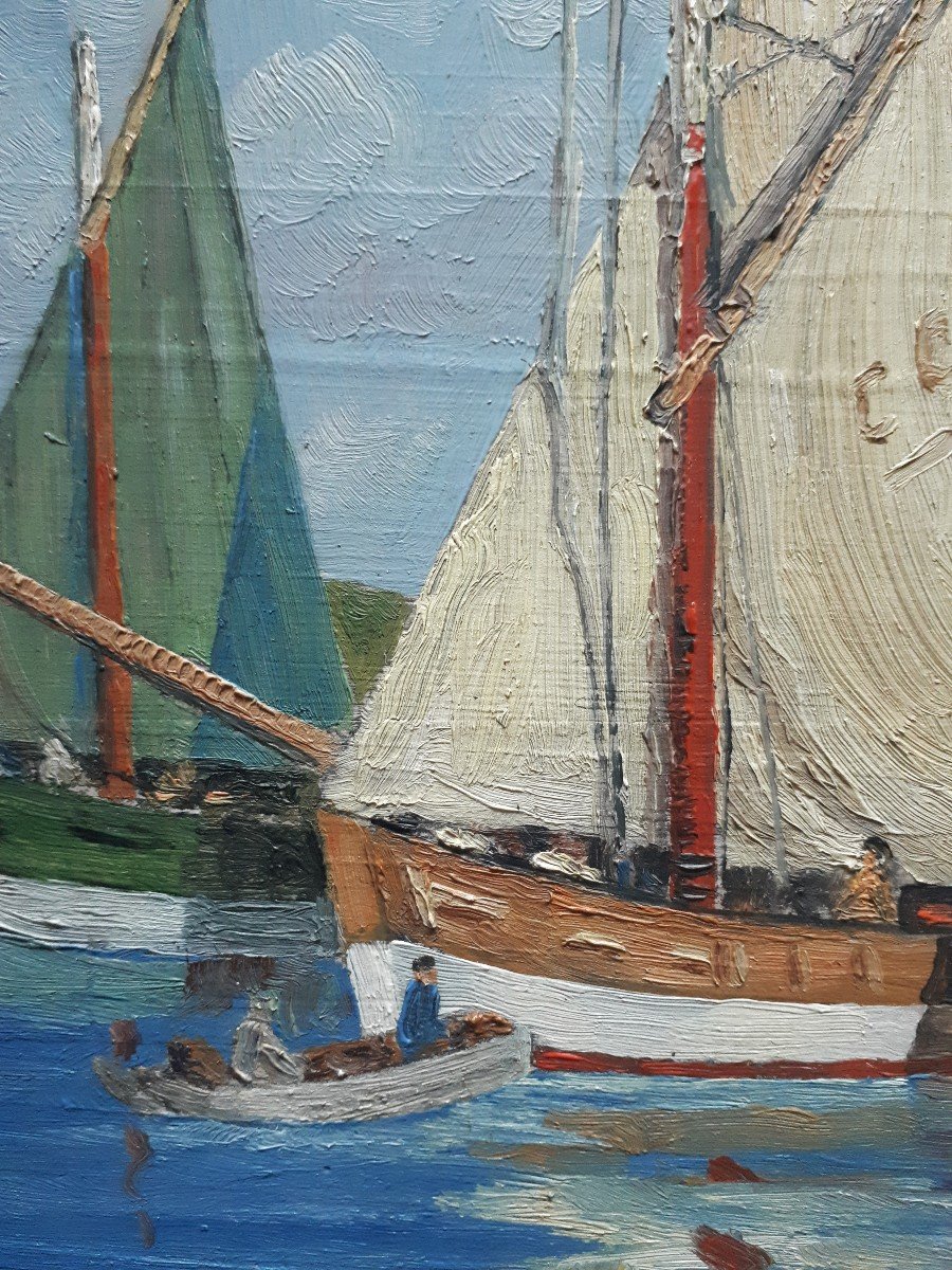 Paire de tableaux huiles sur bois marines retours de pêche Bretagne (signés)-photo-3