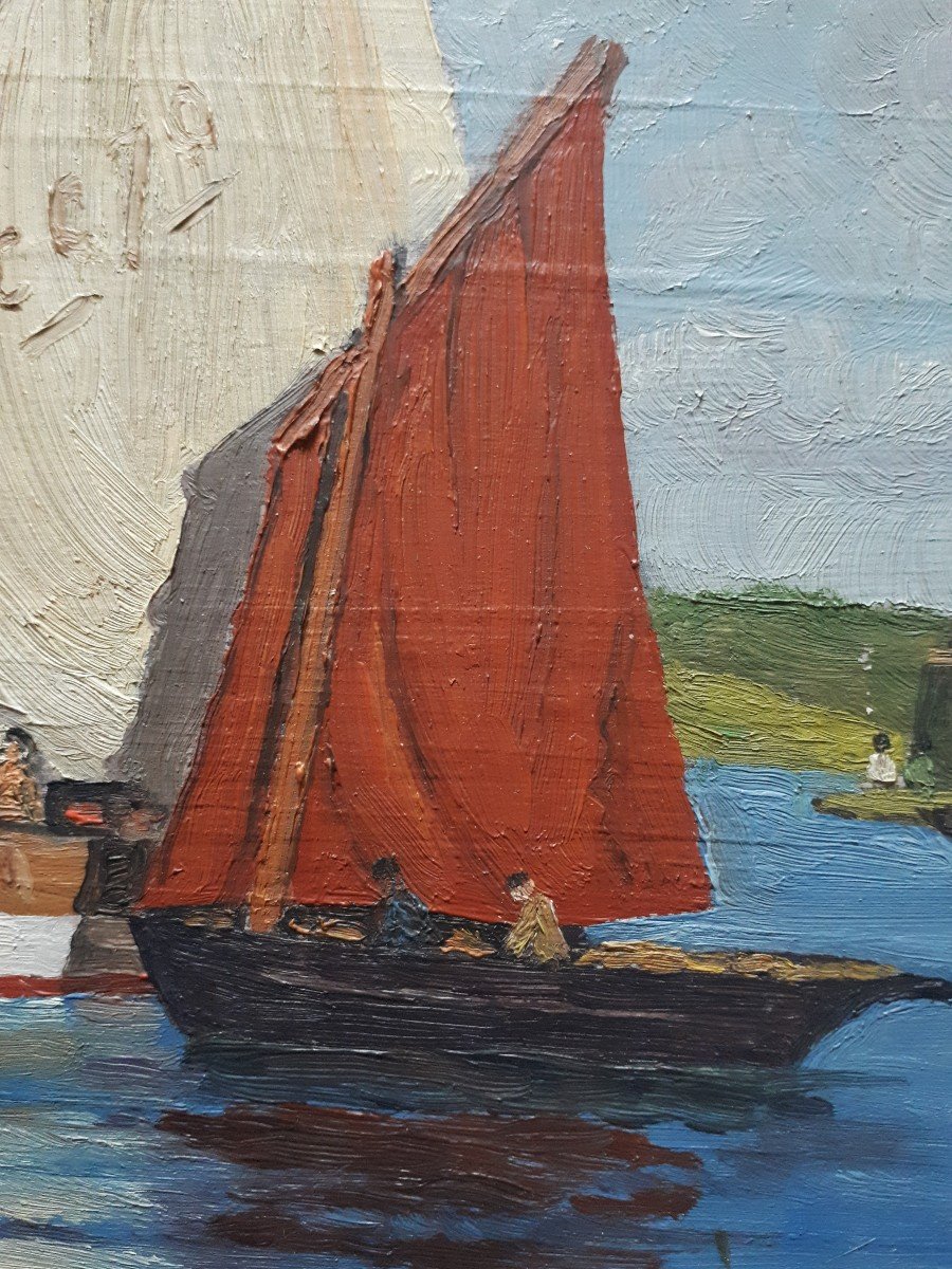 Paire de tableaux huiles sur bois marines retours de pêche Bretagne (signés)-photo-4