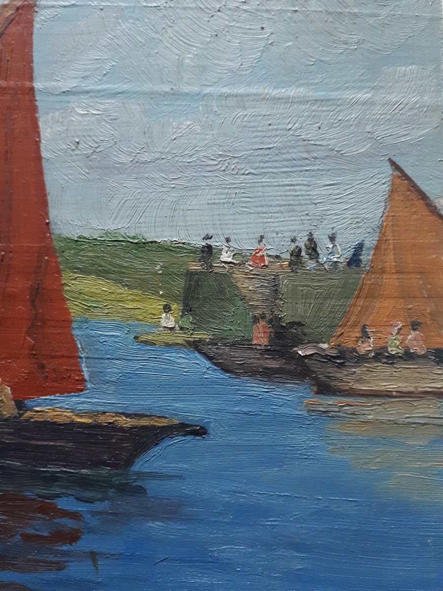 Paire de tableaux huiles sur bois marines retours de pêche Bretagne (signés)-photo-1
