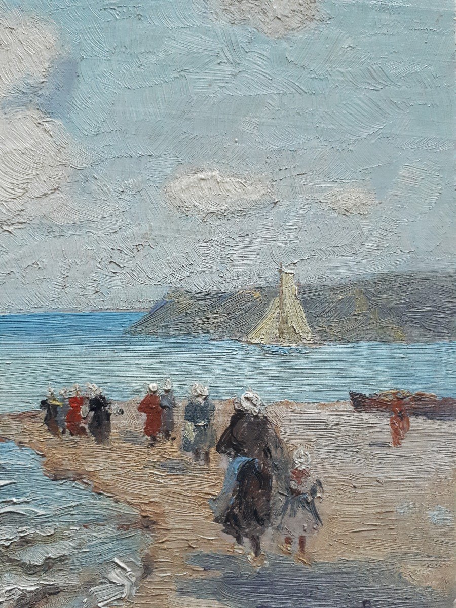 Paire de tableaux huiles sur bois marines retours de pêche Bretagne (signés)-photo-6