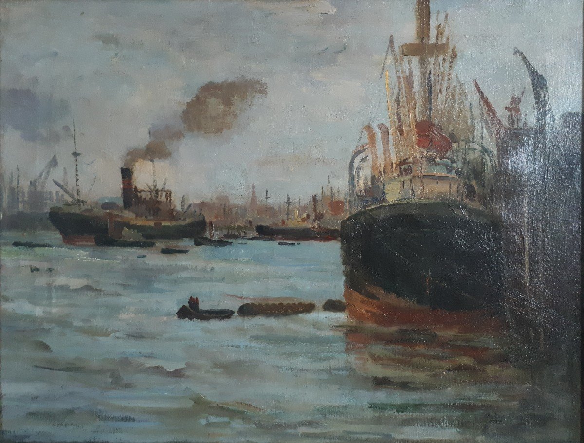 Oskar Frey (1883-1966) Port Of Hamburg Germany Marine Oil On Canvas-photo-2