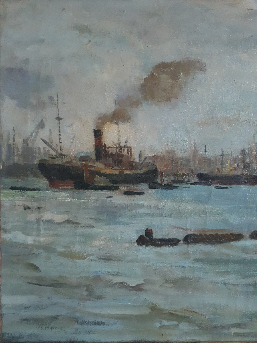 Oskar Frey (1883-1966) Port Of Hamburg Germany Marine Oil On Canvas-photo-3