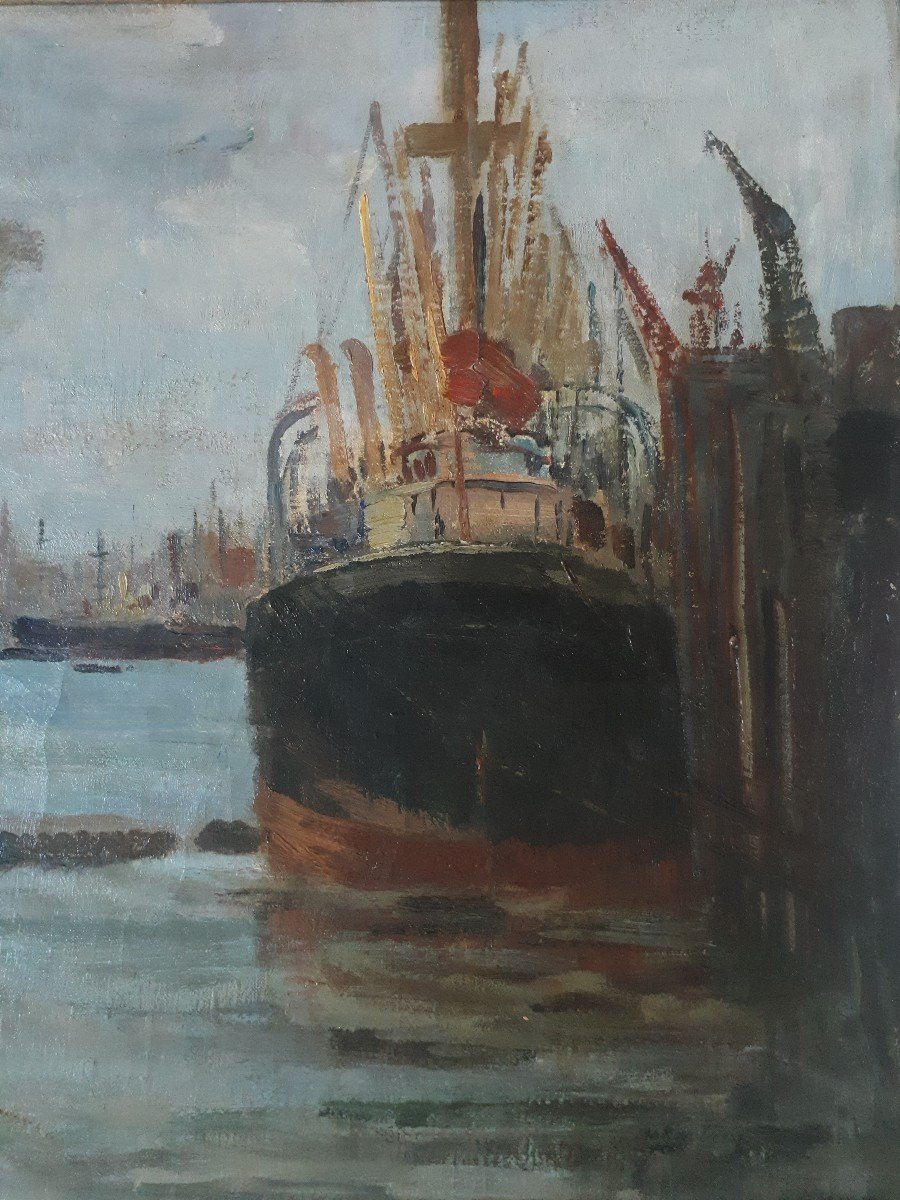 Oskar Frey (1883-1966) Port Of Hamburg Germany Marine Oil On Canvas-photo-4