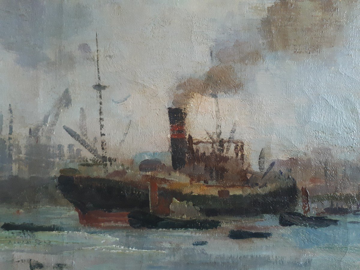 Oskar Frey (1883-1966) Port Of Hamburg Germany Marine Oil On Canvas-photo-1