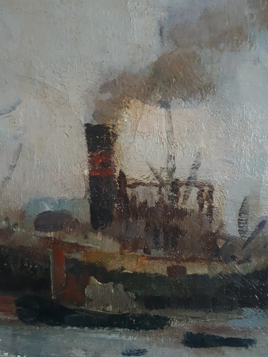 Oskar Frey (1883-1966) Port Of Hamburg Germany Marine Oil On Canvas-photo-3