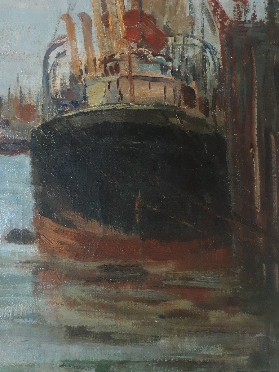 Oskar FREY (1883-1966) port de Hambourg Allemagne marine huile sur toile-photo-5