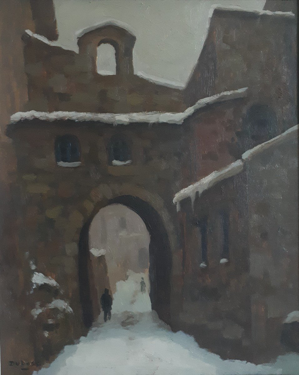 Tableau huile sur panneau paysage enneigé ruelle DUBOSC-photo-2
