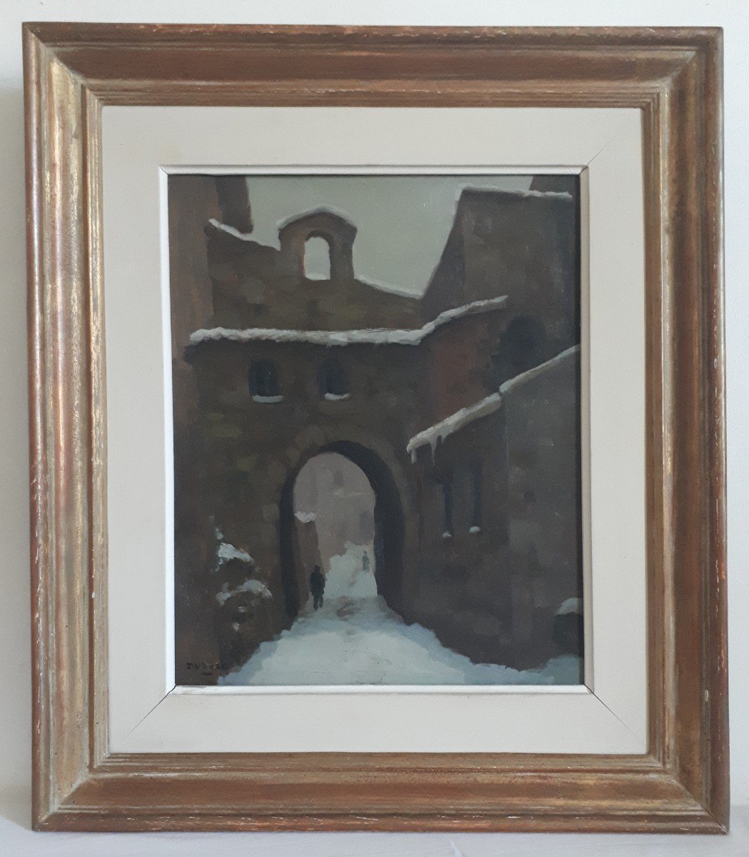 Tableau huile sur panneau paysage enneigé ruelle DUBOSC