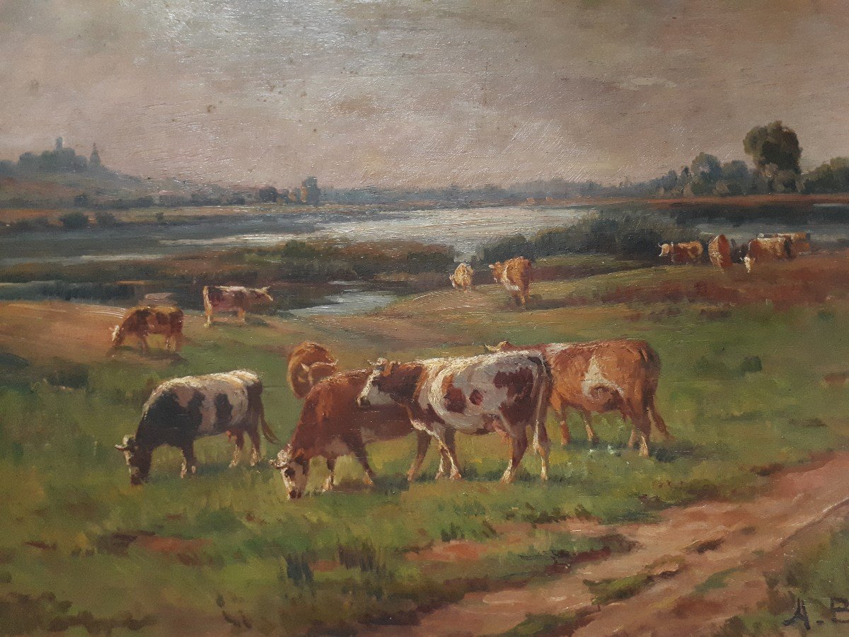 Amable BOUILLIER (1867-1940) huile sur panneau vaches au pré-photo-2