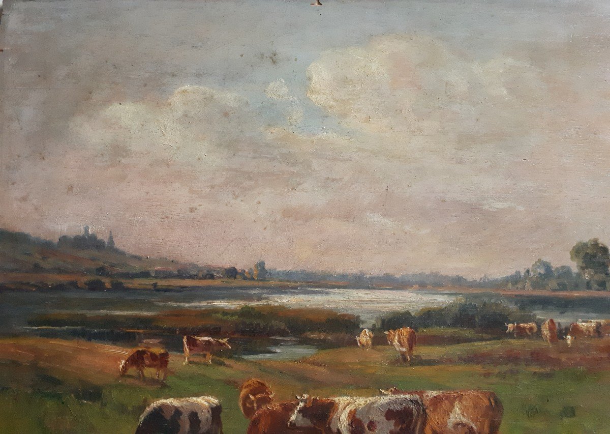 Amable BOUILLIER (1867-1940) huile sur panneau vaches au pré-photo-3