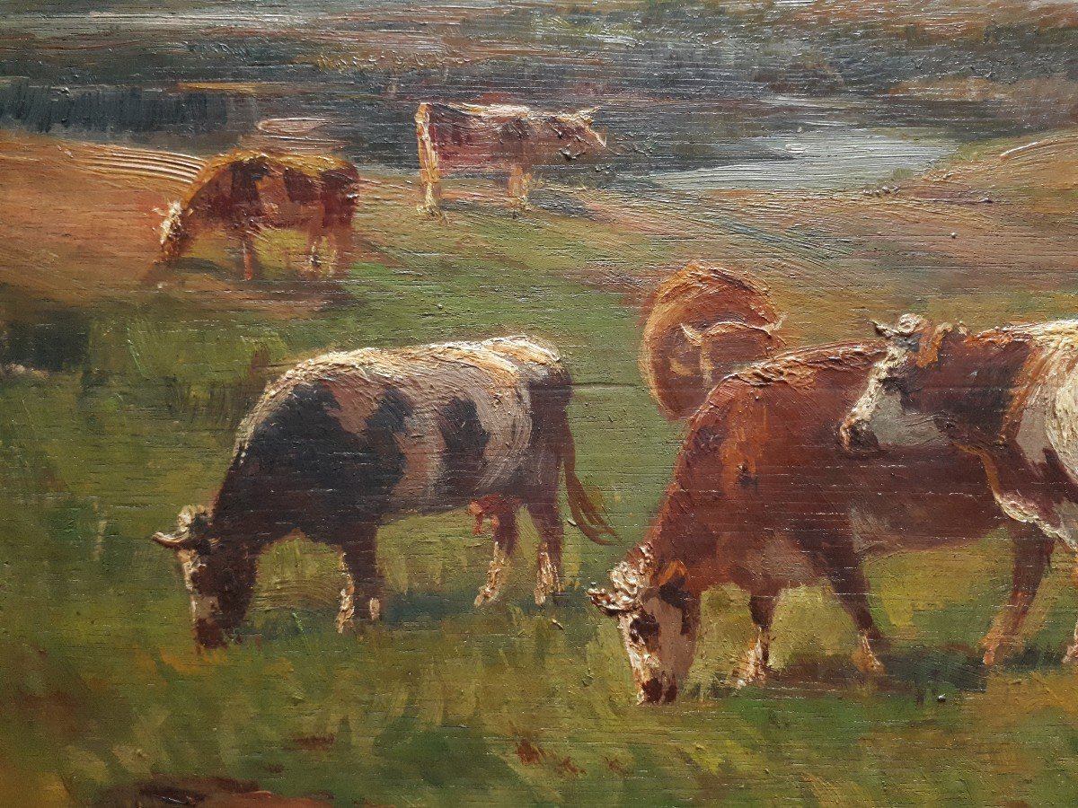 Amable BOUILLIER (1867-1940) huile sur panneau vaches au pré-photo-4