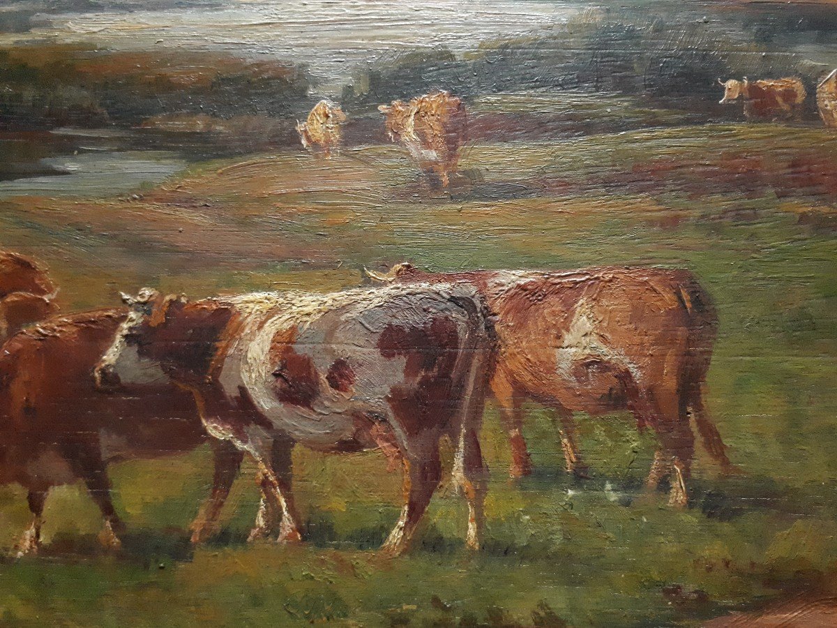 Amable BOUILLIER (1867-1940) huile sur panneau vaches au pré-photo-1