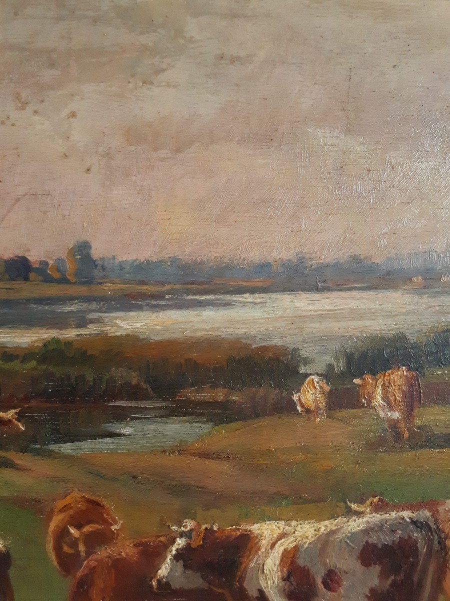 Amable BOUILLIER (1867-1940) huile sur panneau vaches au pré-photo-3