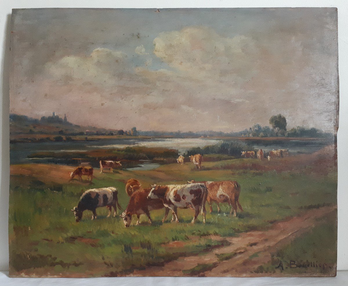 Amable BOUILLIER (1867-1940) huile sur panneau vaches au pré