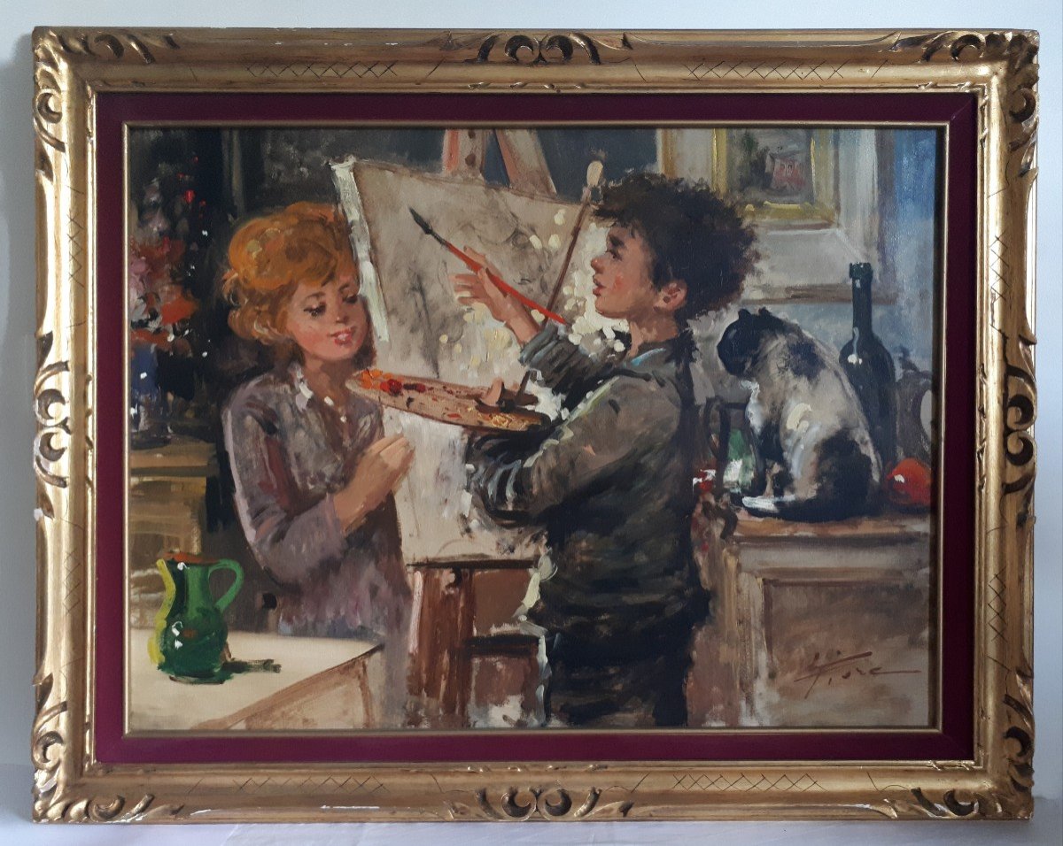 L. FIORE grande huile sur toile scène d'intérieur enfant peintre-photo-2