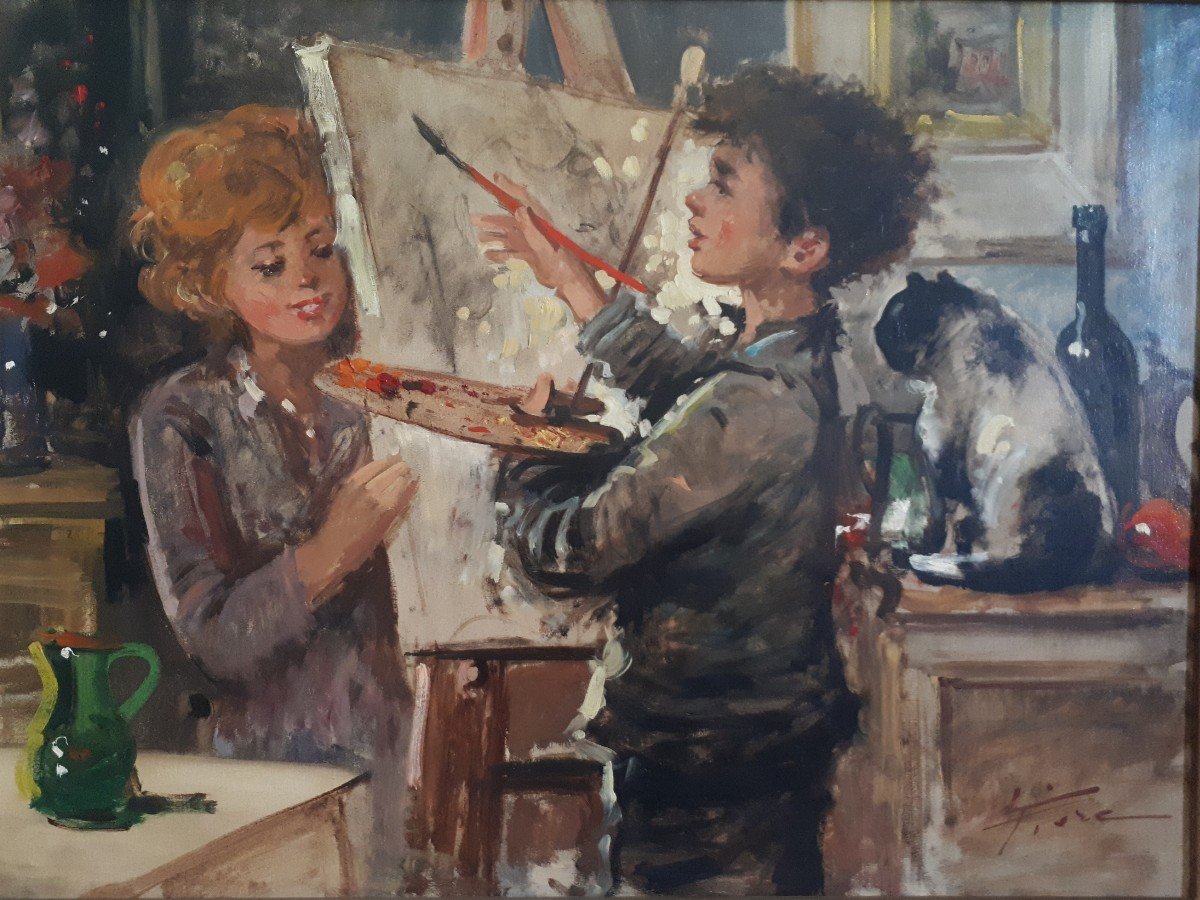 L. FIORE grande huile sur toile scène d'intérieur enfant peintre