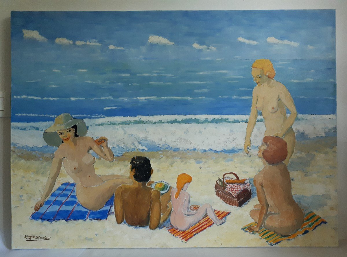 Large Painting Oil On Canvas Beach Scene Jacques Blanchard
