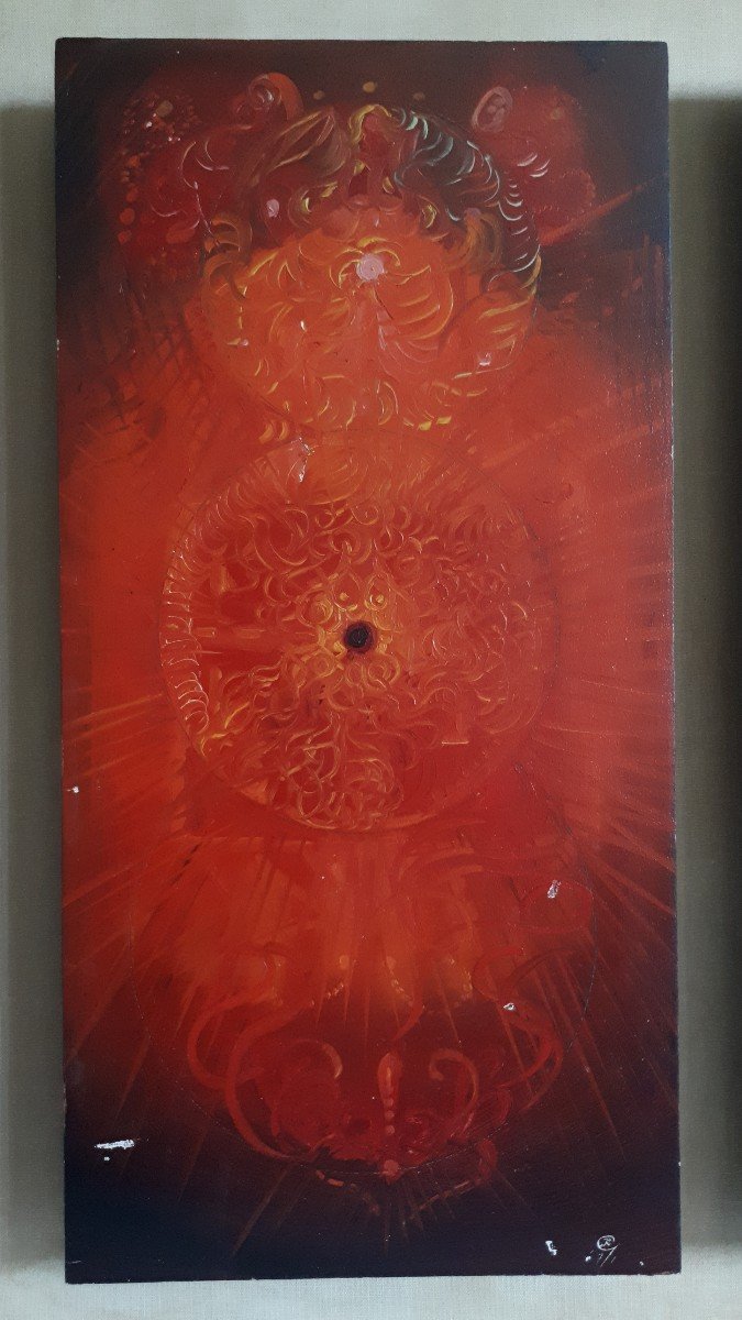 Raphaël GHISLAIN (né en 1928) huile sur bois - Petit triptyque rouge 1971  -  abstrait-photo-3