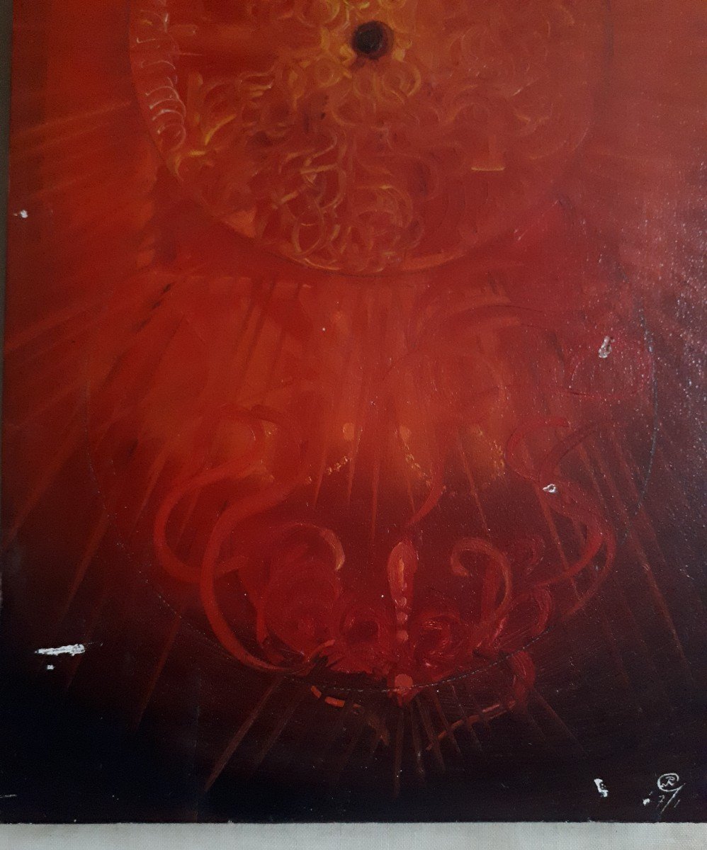 Raphaël GHISLAIN (né en 1928) huile sur bois - Petit triptyque rouge 1971  -  abstrait-photo-3