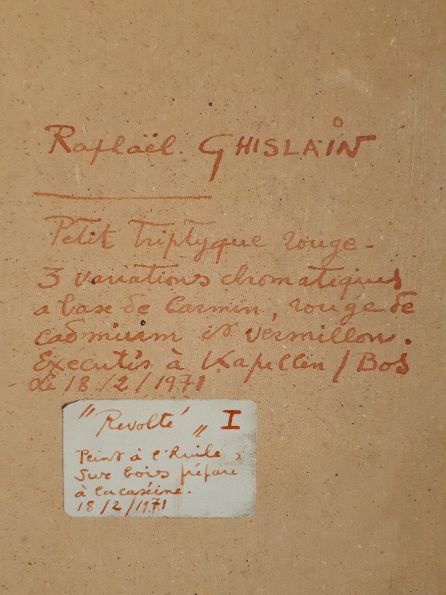 Raphaël GHISLAIN (né en 1928) huile sur bois - Petit triptyque rouge 1971  -  abstrait-photo-8