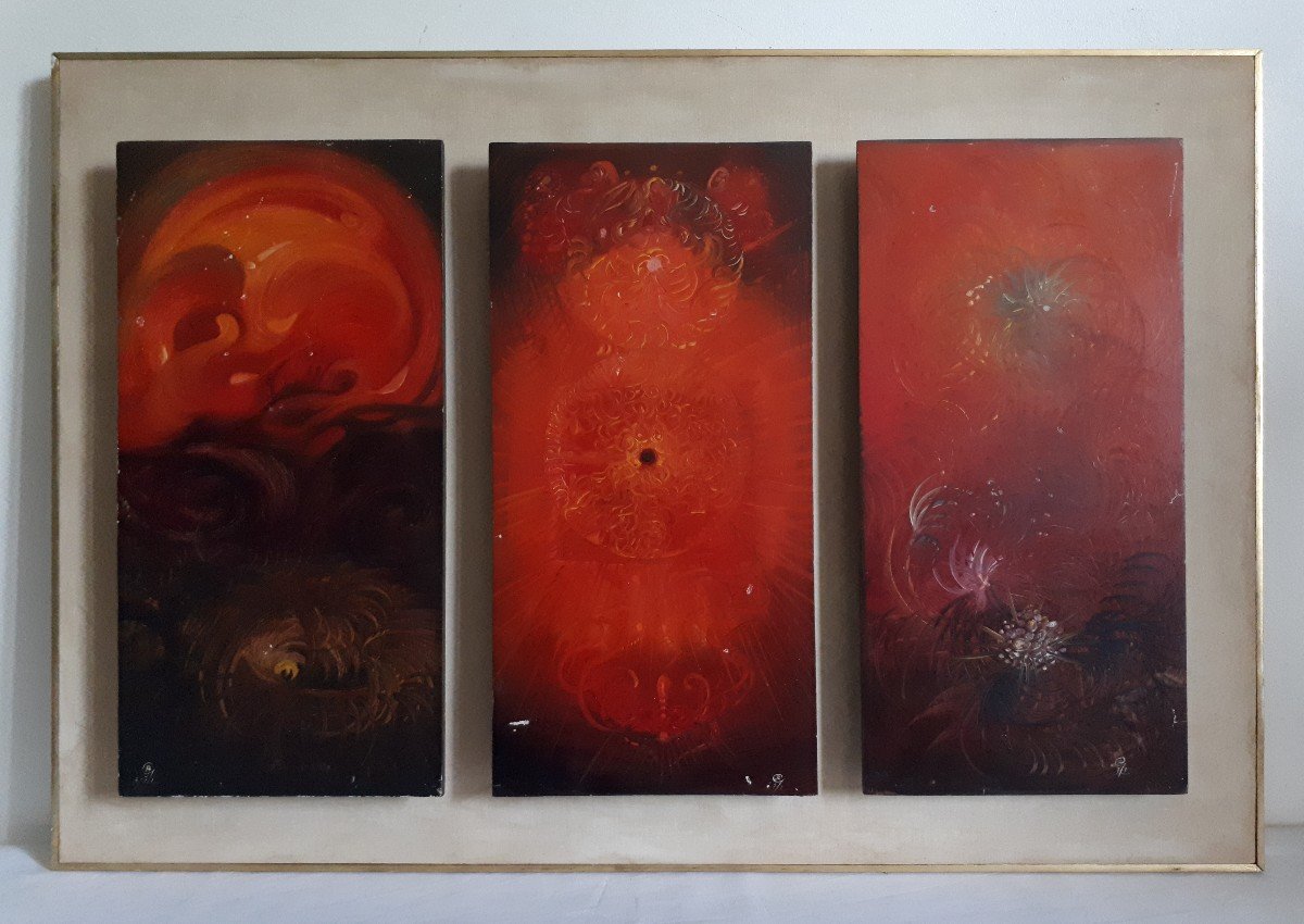 Raphaël GHISLAIN (né en 1928) huile sur bois - Petit triptyque rouge 1971  -  abstrait