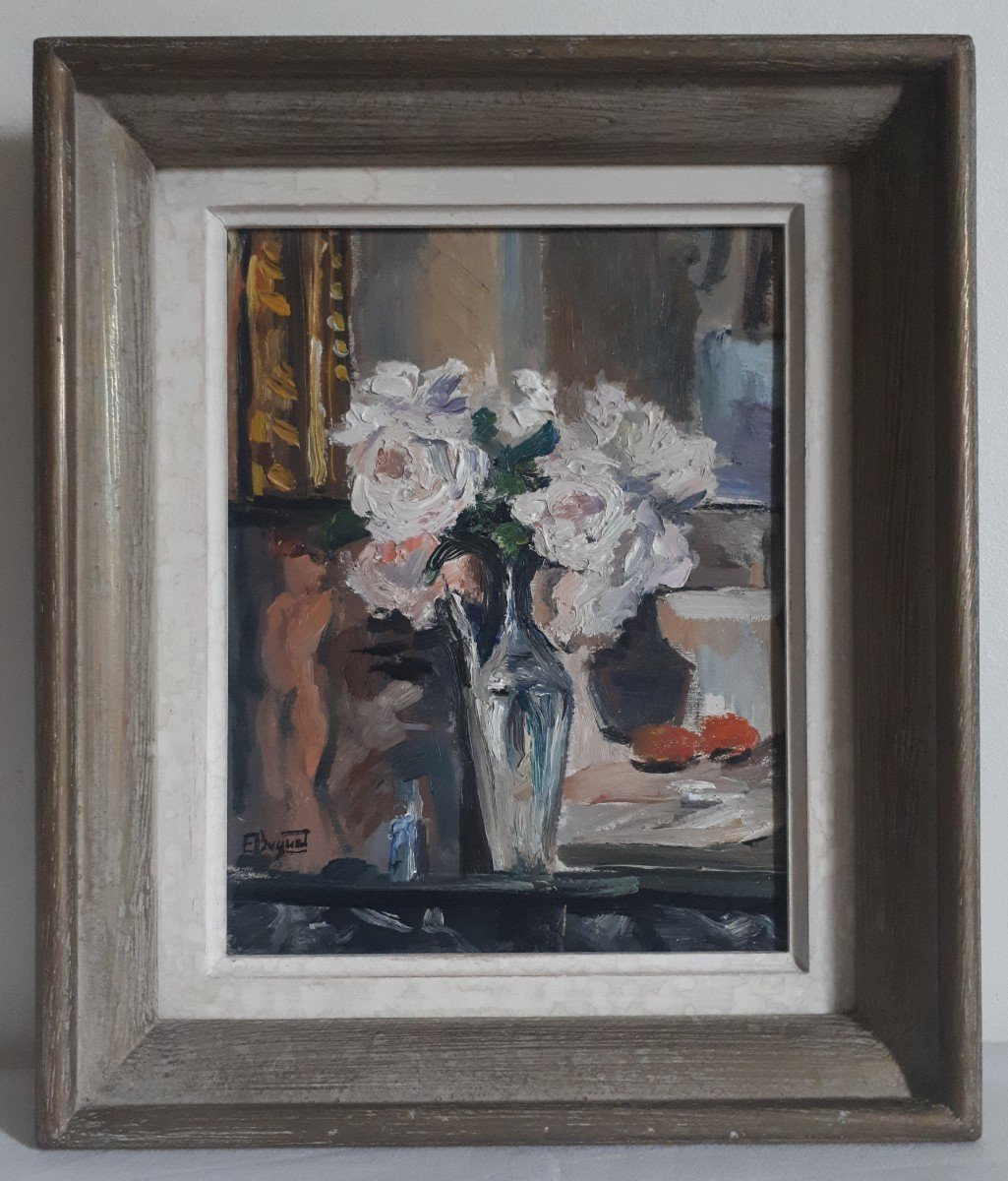 Tableau huile sur bois nature morte bouquet de roses fleurs E. Buguet
